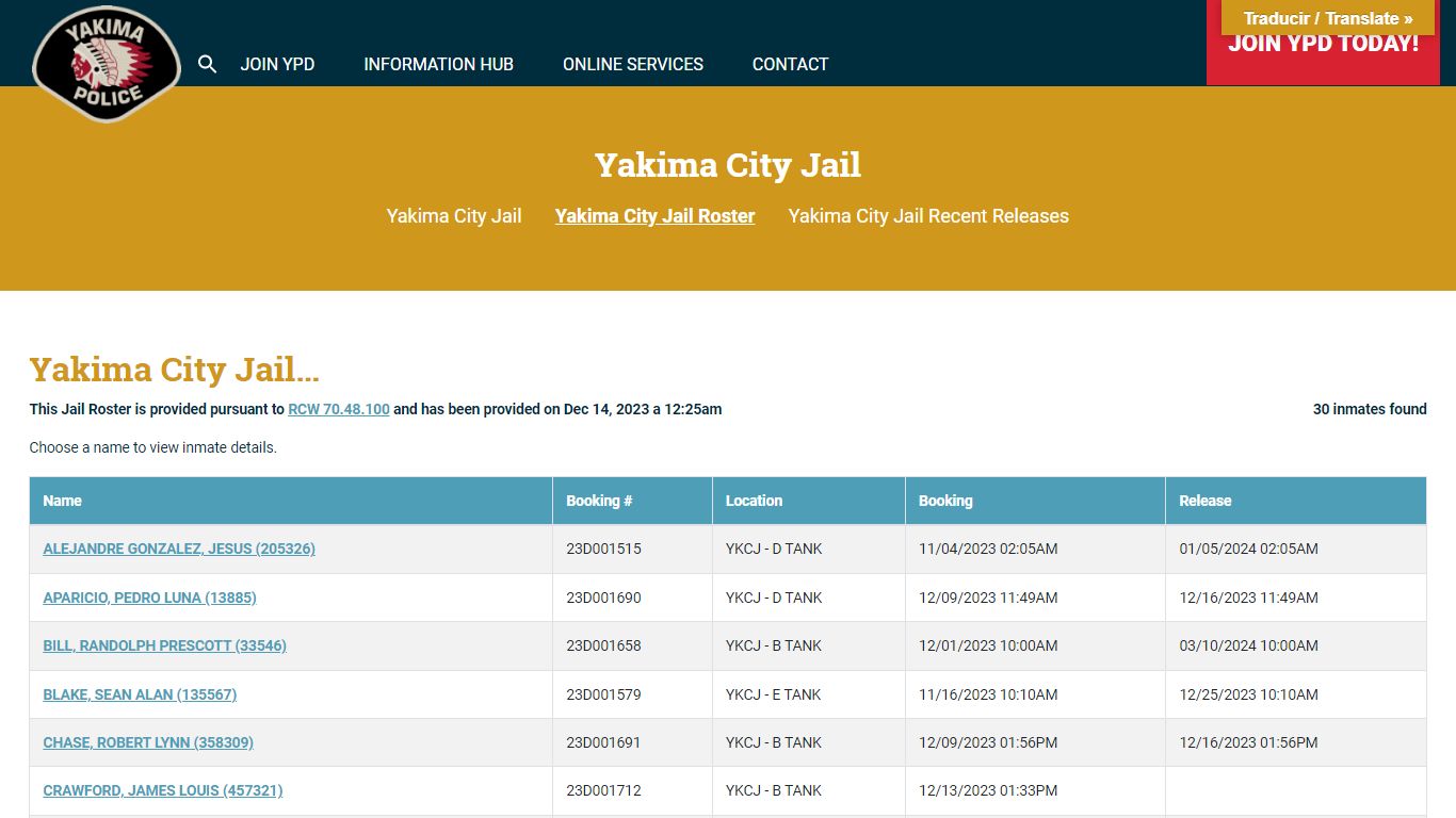 Yakima City Jail Roster | Yakima Police Department
